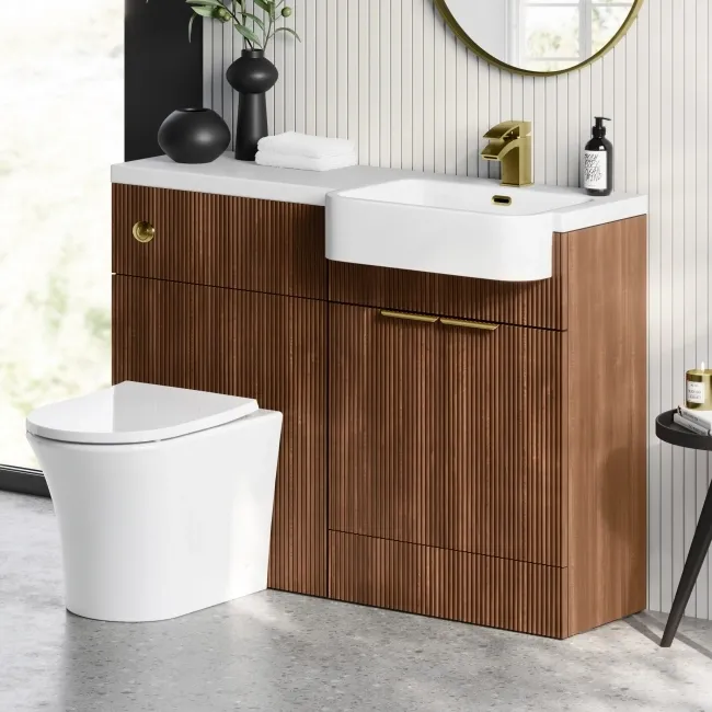 Sicily Fluted Black Walnut Combination Vanity Basin and Tucson Toilet 1200mm - Brushed Brass Accents - Right Handed