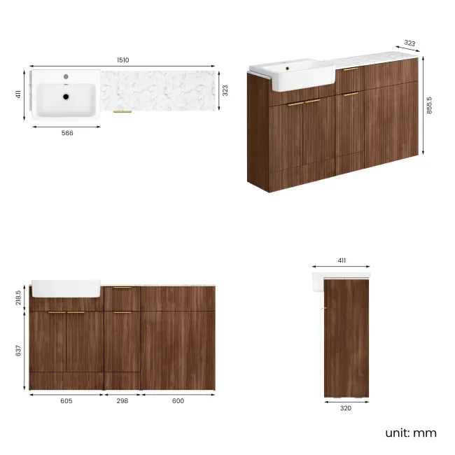 Sicily Fluted Black Walnut Combination Vanity Basin with Marble Top 1500mm (Excludes Toilet) - Brushed Brass Accents