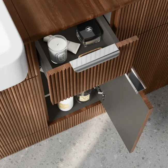 Sicily Fluted Black Walnut Side Cabinet Unit 300mm - Chrome Handles