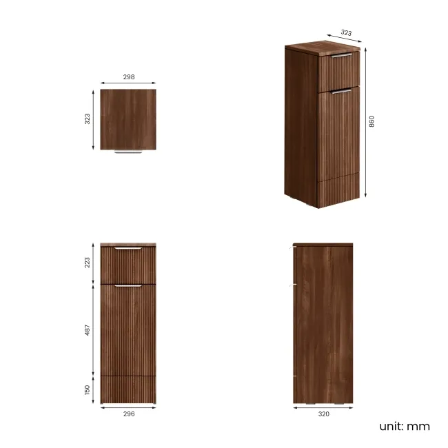 Sicily Fluted Black Walnut Side Cabinet Unit 300mm - Chrome Handles