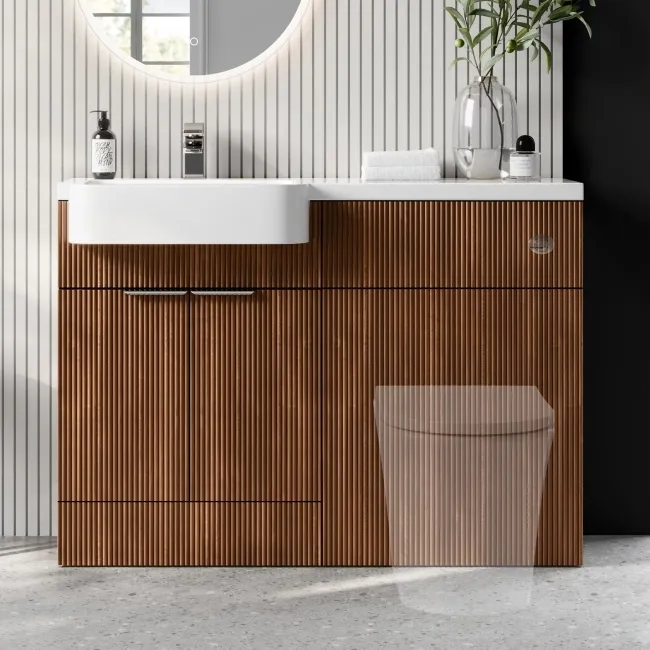 Sicily Fluted Black Walnut Basin Vanity and Back To Wall Toilet Unit 1200mm (Excludes Toilet) - Chrome Handles - Left Handed