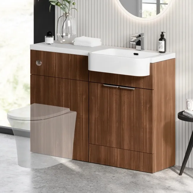 Sicily Fluted Black Walnut Basin Vanity and Back To Wall Toilet Unit 1200mm (Excludes Toilet) - Chrome Handles - Right Handed