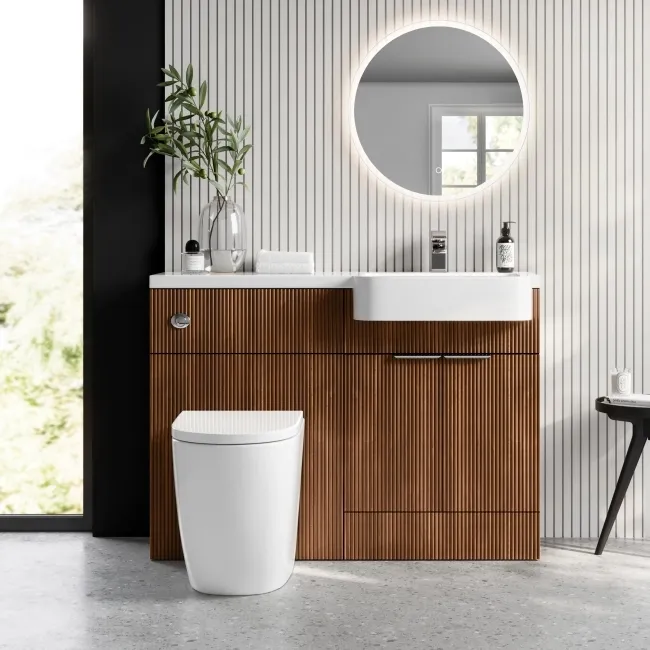 Sicily Fluted Black Walnut Combination Vanity Basin and Utah Comfort Height Toilet 1200mm - Chrome Handles - Right Handed
