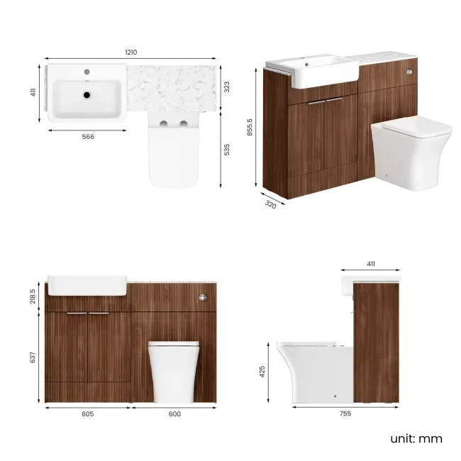 Sicily Fluted Black Walnut Combination Vanity Basin with Marble Top & Houston Toilet 1200mm - Chrome Handles