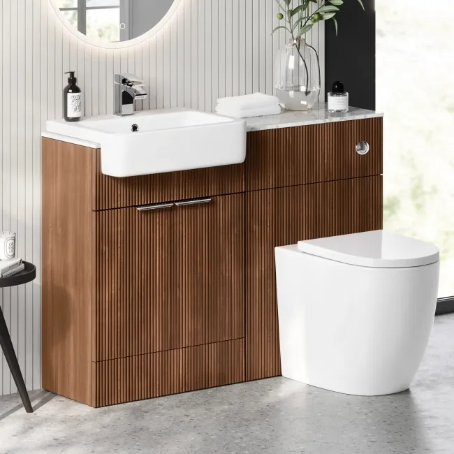 Sicily Fluted Black Walnut Combination Vanity Basin with Marble Top & Utah Comfort Height Toilet 1200mm - Chrome Handles