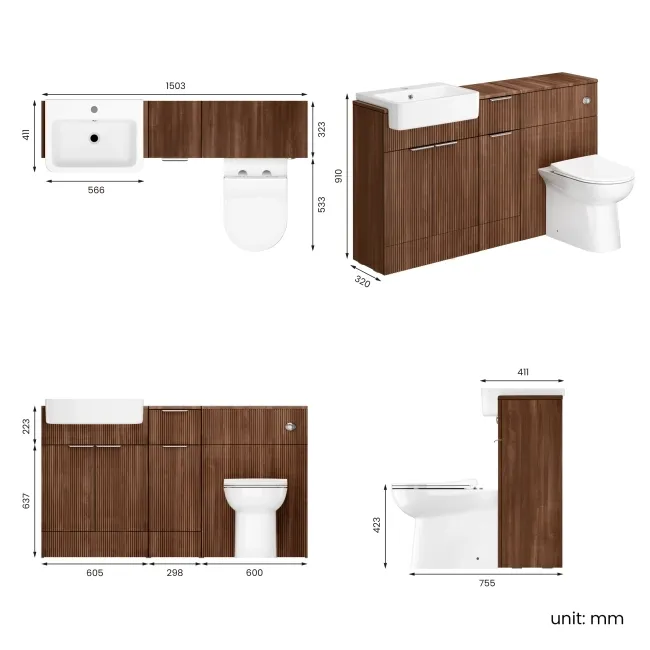 Sicily Fluted Black Walnut Combination Vanity Basin and Aruba Toilet 1500mm - Chrome Handles