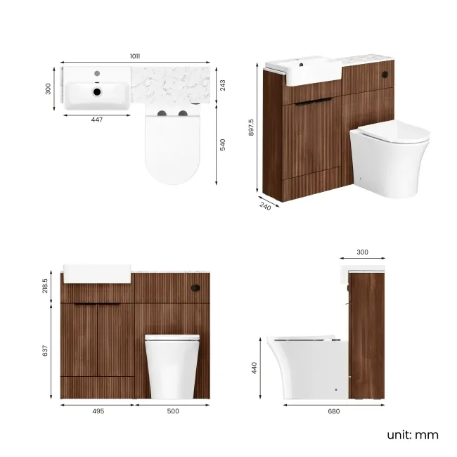 Sicily Fluted Black Walnut Combination Vanity Basin with Marble Top & Tucson Toilet 1000mm - Black Accents