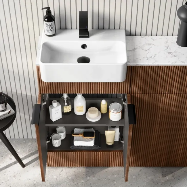 Sicily Fluted Black Walnut Combination Vanity Basin with Marble Top & Utah Comfort Height Toilet 1000mm - Black Accents