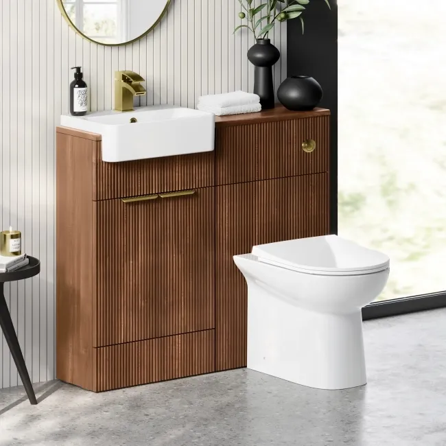 Sicily Fluted Black Walnut Combination Vanity Basin and Aruba Toilet 1000mm - Brushed Brass Accents