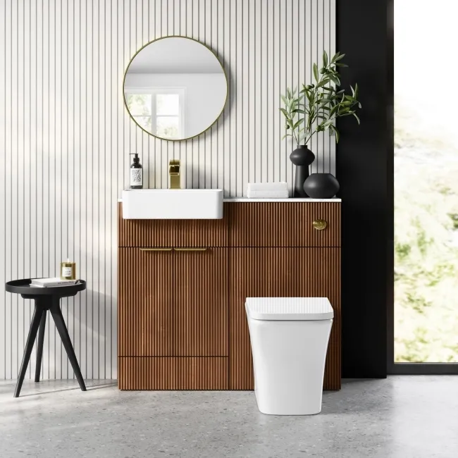 Sicily Fluted Black Walnut Combination Vanity Basin with Marble Top & Houston Toilet 1000mm - Brushed Brass Accents