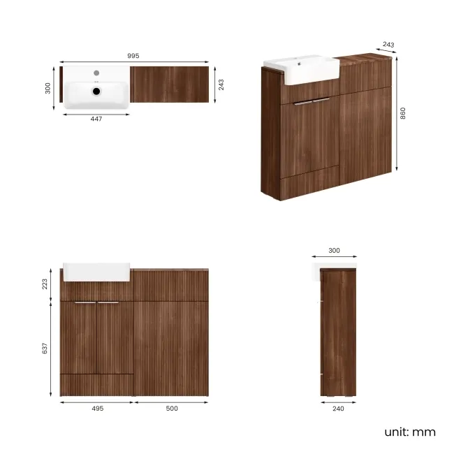 Sicily Fluted Black Walnut Vanity and Back To Wall Toilet Unit 1000mm (Excludes Toilet) - Chrome Handles