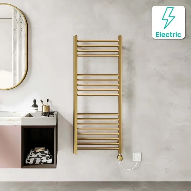 Barcelona Electric Brushed Brass Straight Heated Towel Rail 1200x500mm