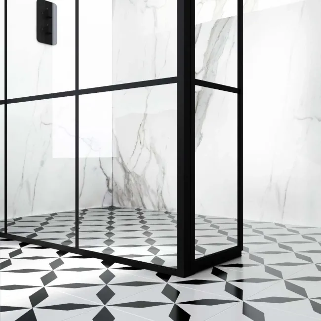 Munich Matt Black Grid 8mm Wet Room Shower Glass 900mm & 250mm Pivotal Return Panel