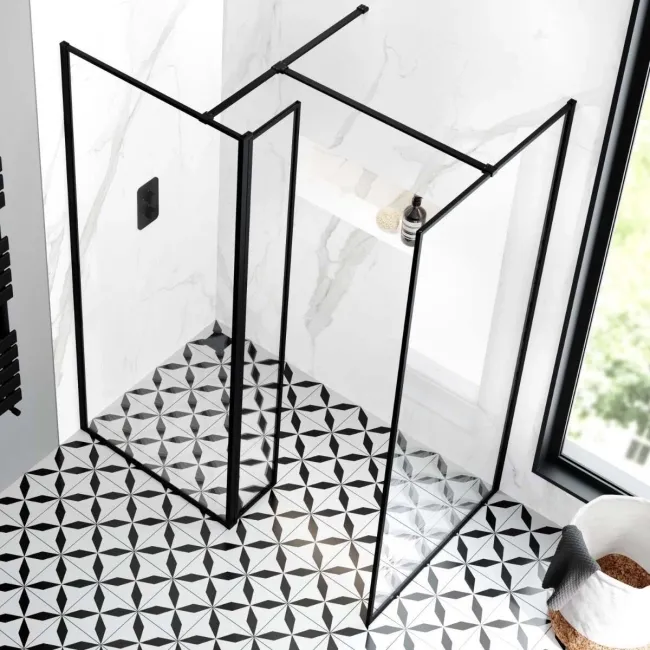 Munich Matt Black Framed 8mm Walk In Shower Enclosure 800mm & 900mm Glass with Pivotal Return Panel