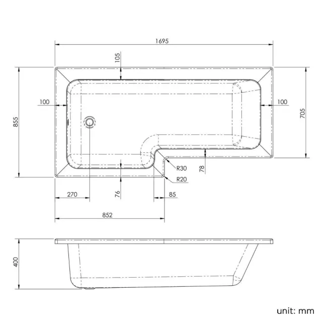L Shaped 1700 Shower Bath with Front Panel & 4mm Fixed Screen - Left Handed