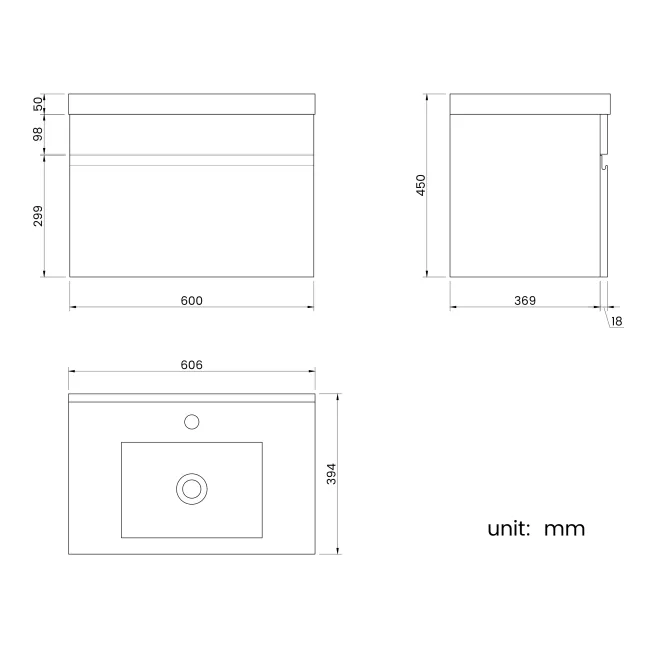 Trent Gloss White Wall Hung Basin Drawer Vanity 600mm