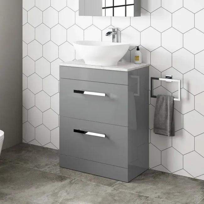 Avon Stone Grey Vanity Drawer with Marble Top & Oval Counter Top Basin 600mm
