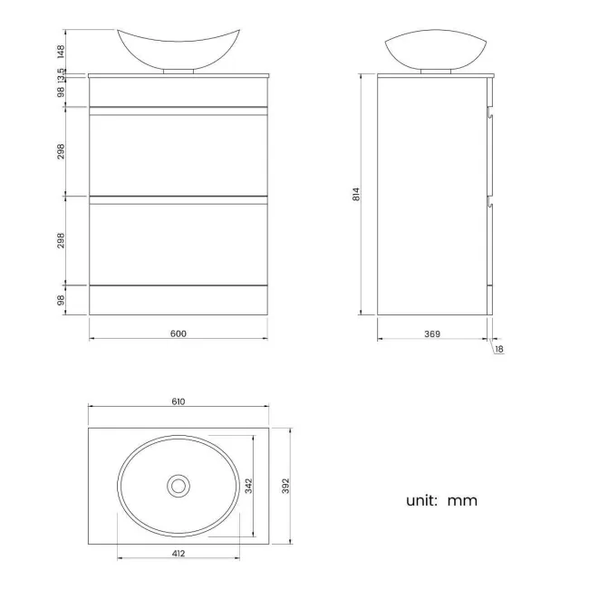 Trent Gloss White Vanity Drawer with Marble Top & Oval Counter Top Basin 600mm