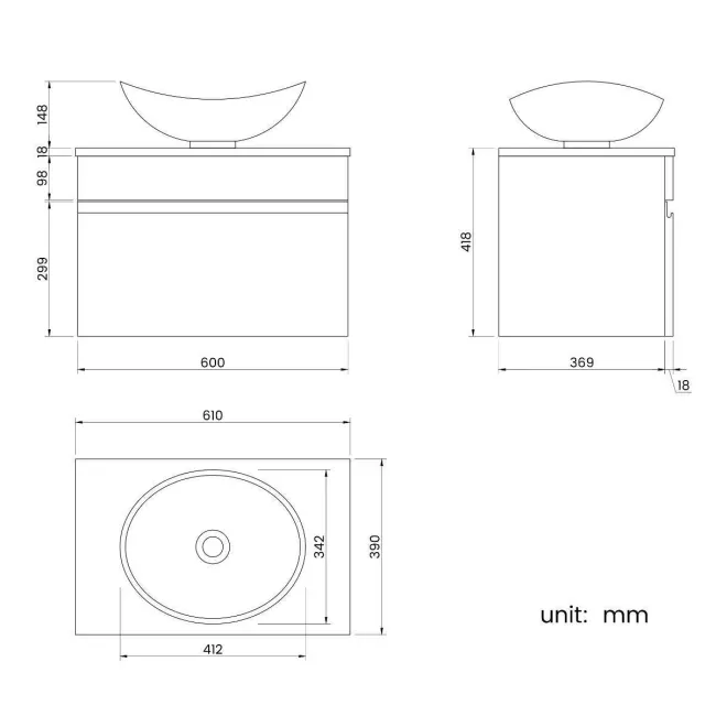 Trent Stone Grey Wall Hung Drawer Vanity with Oval Counter Top Basin 600mm