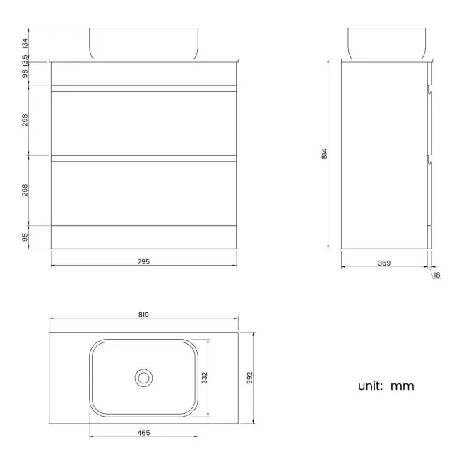Trent Stone Grey Vanity Drawer with Marble Top & Curved Counter Top Basin 800mm