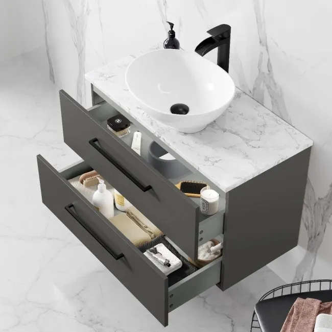 Elba Graphite Grey Wall Hung Drawer Vanity with Marble Top & Oval Counter Top Basin 800mm - Black Accents
