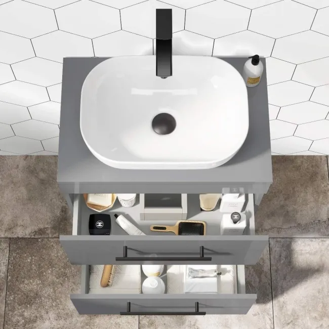 Avon Stone Grey Vanity Drawer with Curved Counter Top Basin 600mm - Black Accents