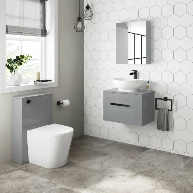 Avon Stone Grey Wall Hung Drawer Vanity with Oval Counter Top Basin 600mm - Black Accents