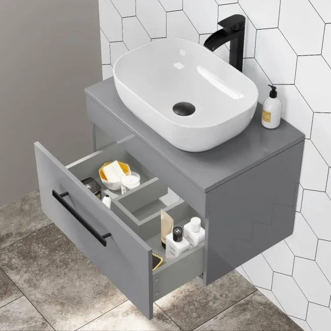 Avon Stone Grey Wall Hung Drawer Vanity with Curved Counter Top Basin 600mm - Black Accents