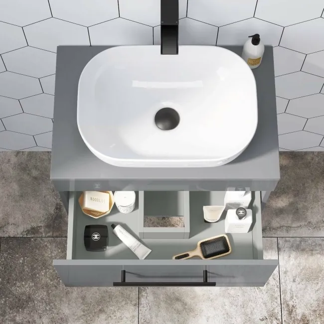 Avon Stone Grey Wall Hung Drawer Vanity with Curved Counter Top Basin 600mm - Black Accents