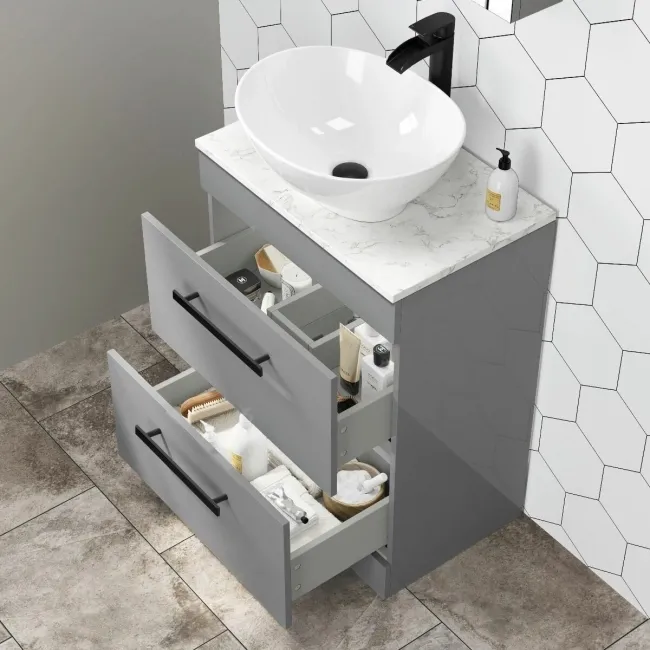 Avon Stone Grey Vanity Drawer with Marble Top & Oval Counter Top Basin 600mm - Black Accents