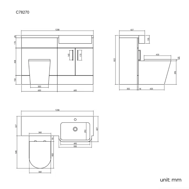 Harper Gloss White Combination Vanity Basin and Boston Toilet 1200mm - Black Accents - Right Handed