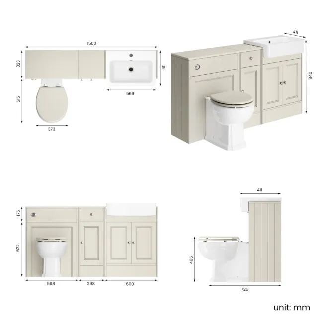 Monaco Chalk White Combination Vanity Basin and Hudson Toilet with Wooden Seat 1500mm