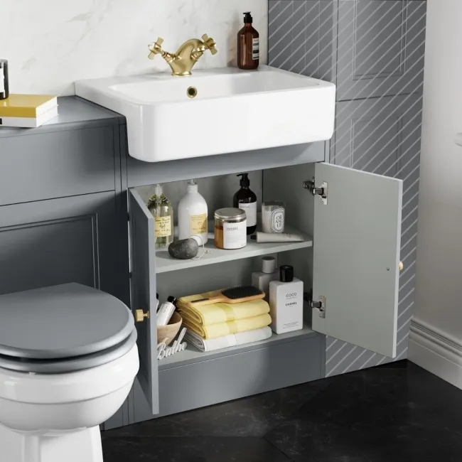 Monaco Dove Grey Combination Vanity Basin and Hudson Toilet with Wooden Seat 1200mm - Brushed Brass Accents