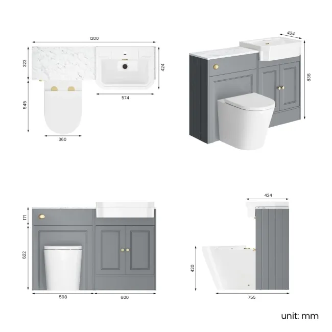 Monaco Dove Grey Combination Vanity Traditional Basin with Marble Top & Boston Toilet 1200mm - Brushed Brass Accents