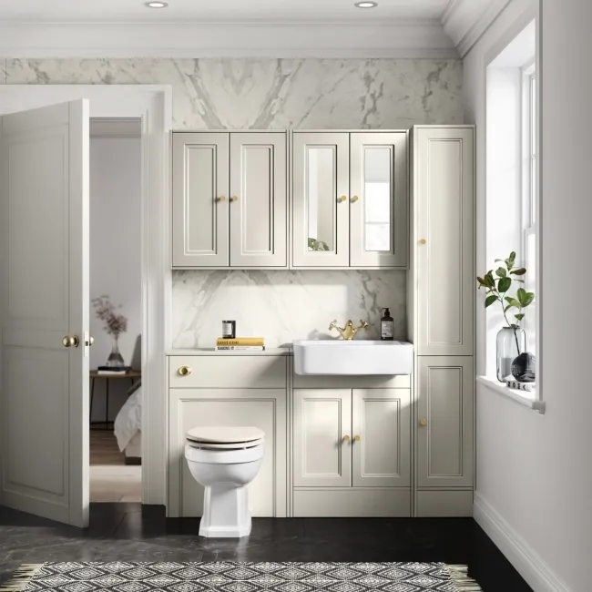 Monaco Chalk White Combination Vanity Basin and Hudson Toilet with Wooden Seat 1200mm - Brushed Brass Accents