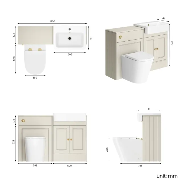 Monaco Chalk White Combination Vanity Basin and Boston Toilet 1200mm - Brushed Brass Accents