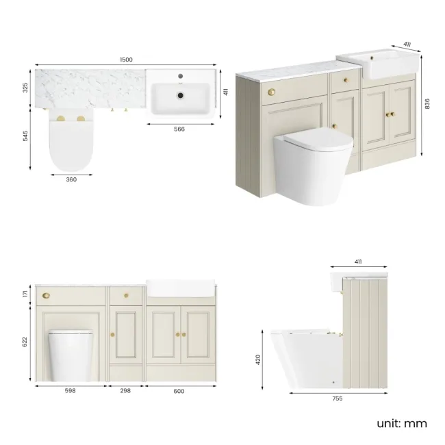 Monaco Chalk White Combination Vanity Basin with Marble Top and Boston Toilet 1500mm - Brushed Brass Accents