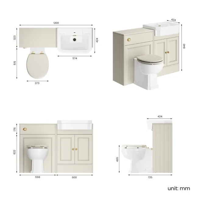 Monaco Chalk White Combination Vanity Traditional Basin and Hudson Toilet with Wooden Seat 1200mm - Brushed Brass Accents