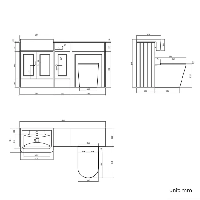 Monaco Chalk White Combination Vanity Traditional Basin and Boston Toilet 1500mm - Brushed Brass Accents