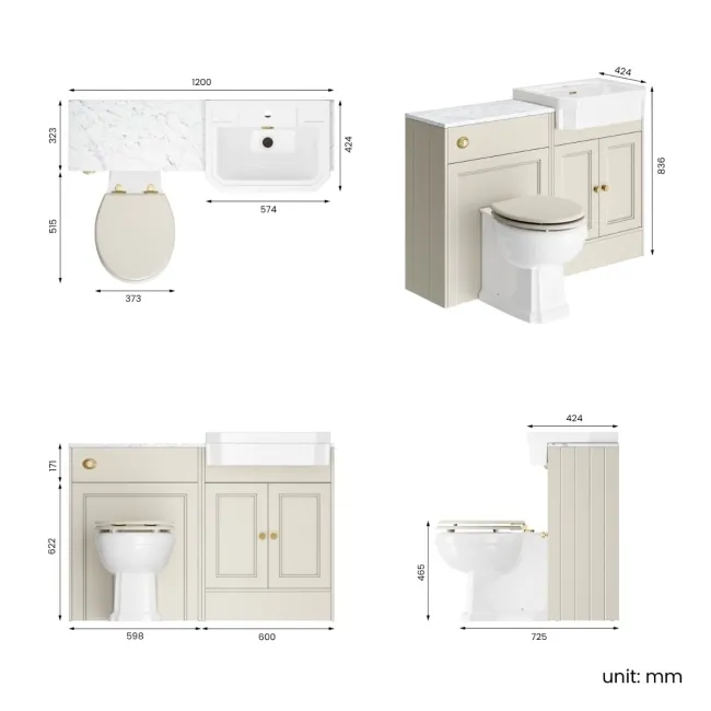 Monaco Chalk White Combination Vanity Traditional Basin with Marble Top & Hudson Toilet with Wooden Seat 1200mm - Brushed Brass Accents