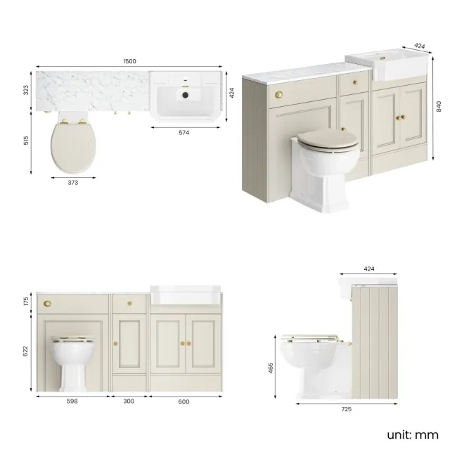 Monaco Chalk White Combination Vanity Traditional Basin with Marble Top & Hudson Toilet with Wooden Seat 1500mm - Brushed Brass Accents