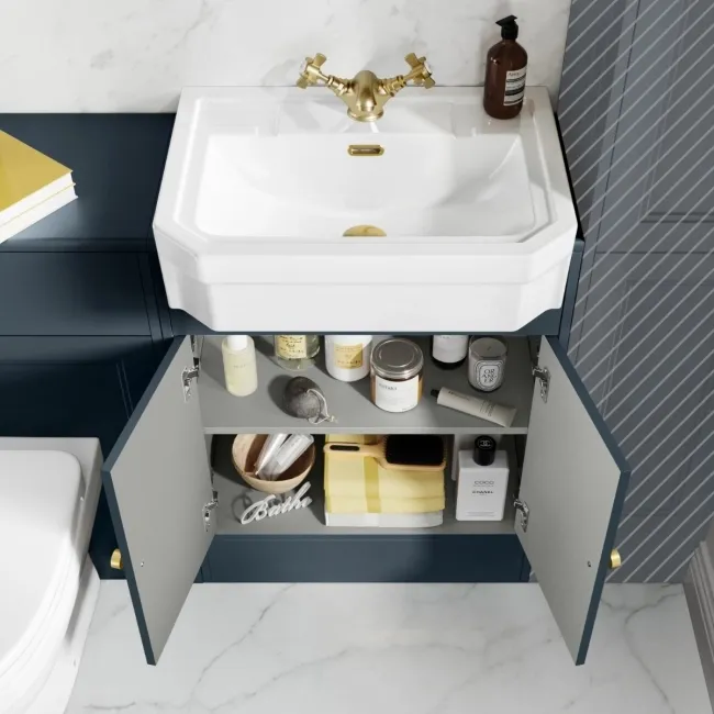 Monaco Inky Blue Combination Vanity Traditional Basin and Seattle Toilet 1200mm - Brushed Brass Accents