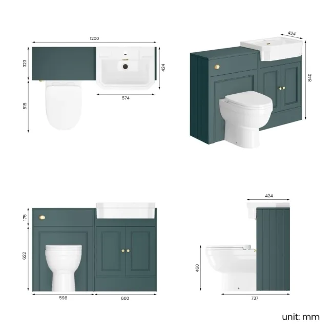Monaco Midnight Green Combination Vanity Traditional Basin and Seattle Toilet 1200mm - Brushed Brass Accents