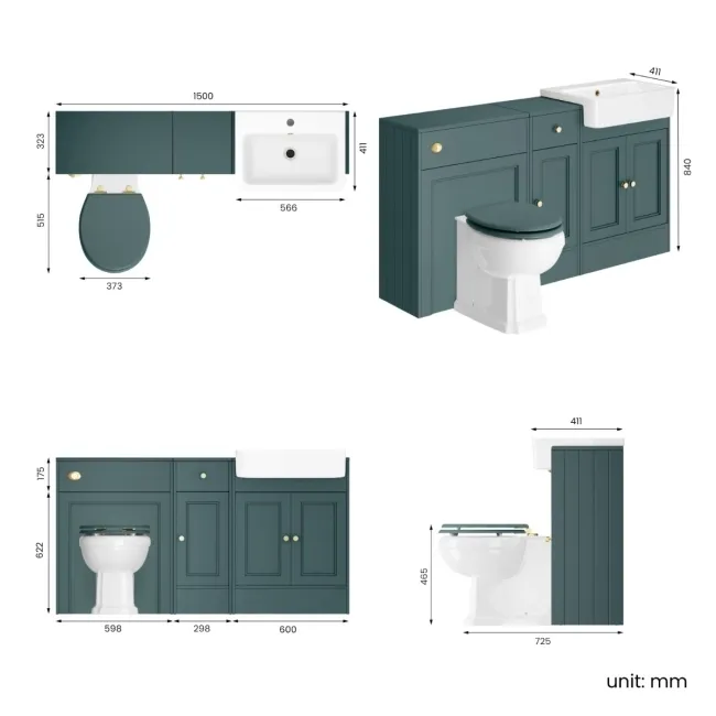 Monaco Midnight Green Combination Vanity Basin and Hudson Toilet with Wooden Seat 1500mm - Brushed Brass Accents