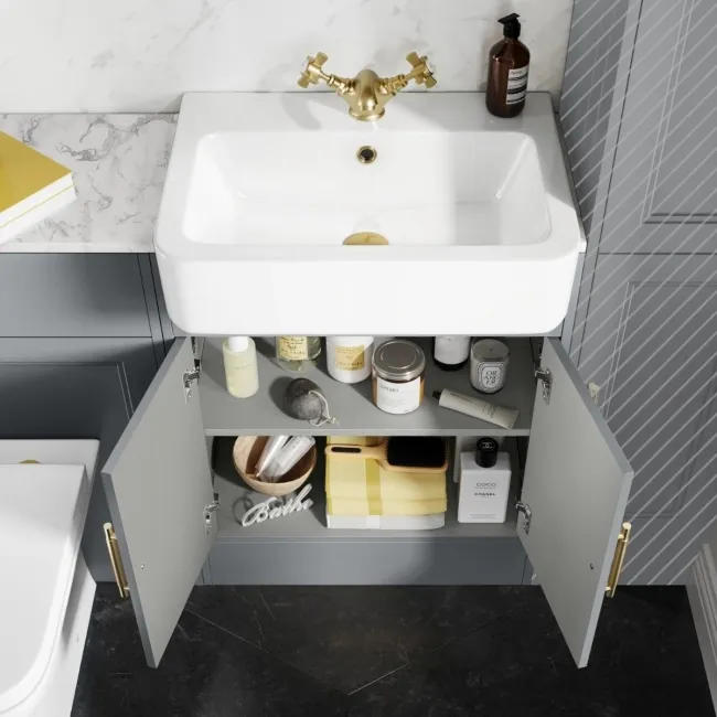Monaco Dove Grey Combination Vanity Basin with Marble Top & Atlanta Toilet 1200mm - Brass Knurled Handles