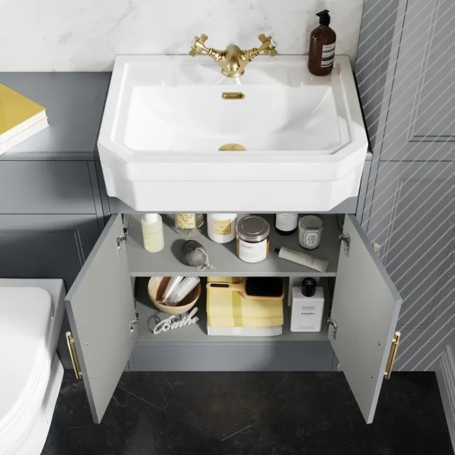 Monaco Dove Grey Combination Vanity Traditional Basin and Seattle Toilet 1200mm - Brass Knurled Handles
