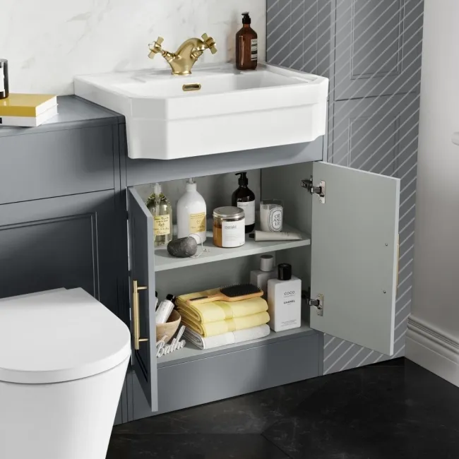 Monaco Dove Grey Combination Vanity Traditional Basin and Boston Toilet 1200mm - Brass Knurled Handles