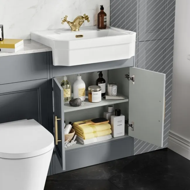 Monaco Dove Grey Combination Vanity Traditional Basin with Marble Top & Boston Toilet 1200mm - Brass Knurled Handles