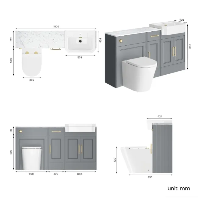 Monaco Dove Grey Combination Vanity Traditional Basin with Marble Top and Boston Toilet 1500mm - Brass Knurled Handles