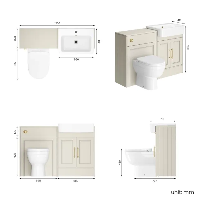 Monaco Chalk White Combination Vanity Basin and Seattle Toilet 1200mm - Brass Knurled Handles